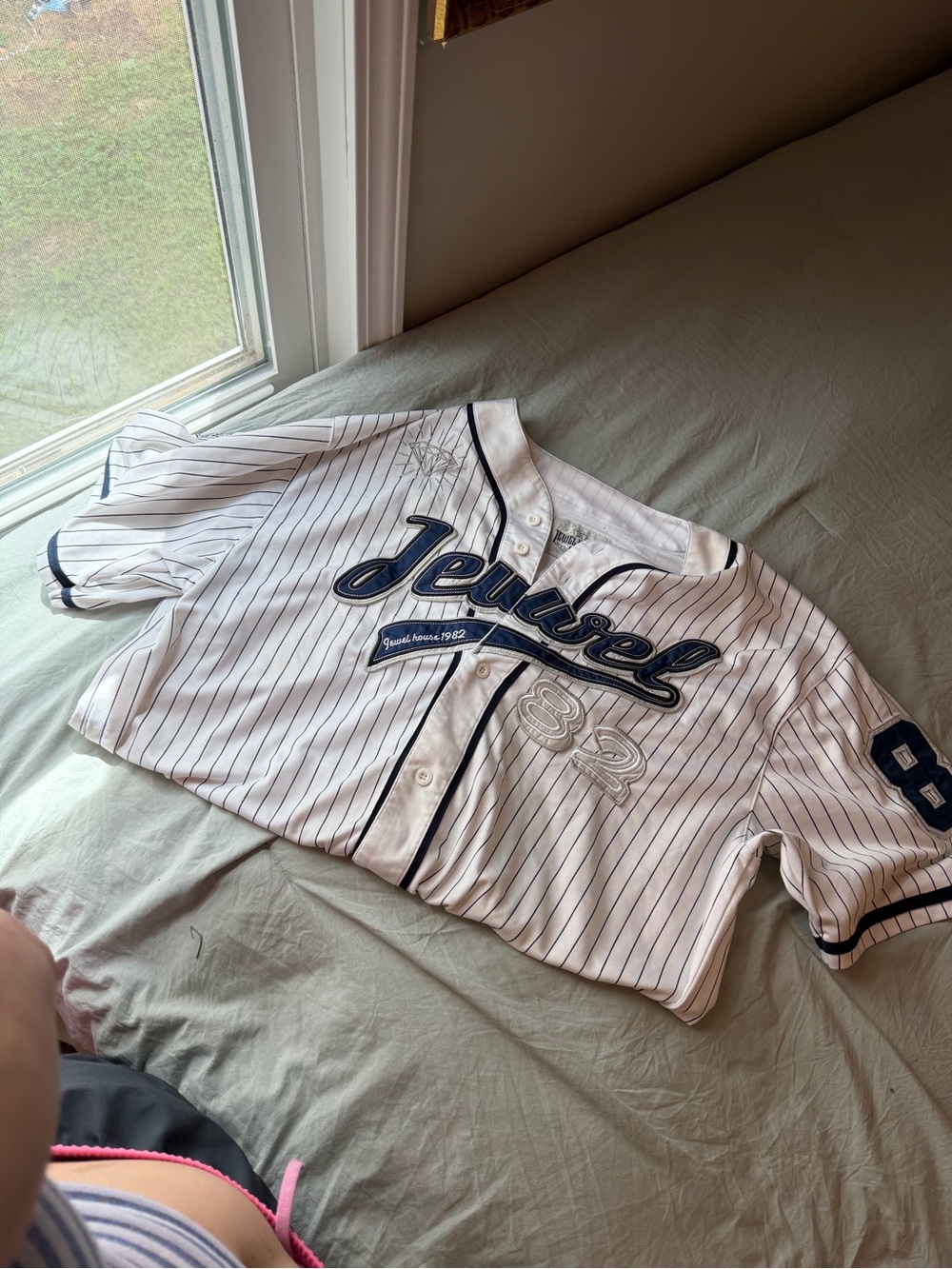 White Pinstripe Jersey Top with Navy Script